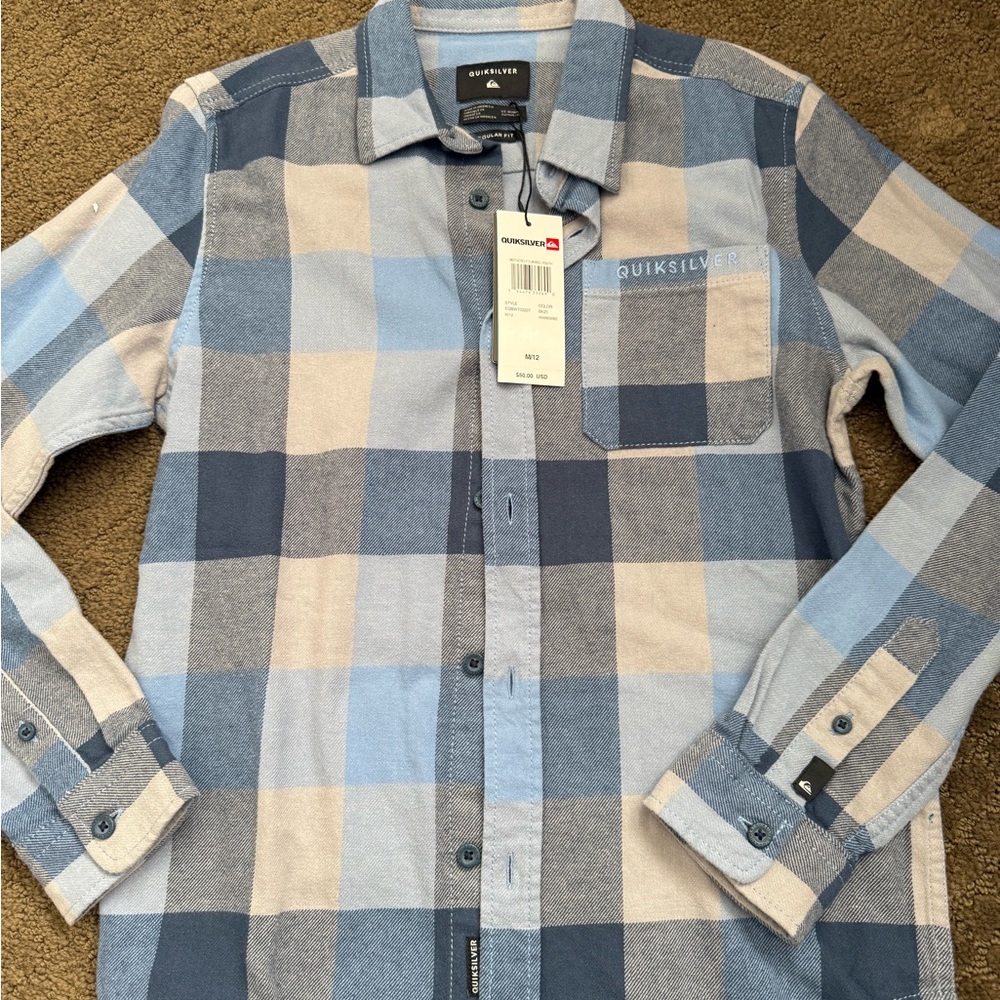 New boys Quicksilver button down flannel shirt blue grey size youth medium surf